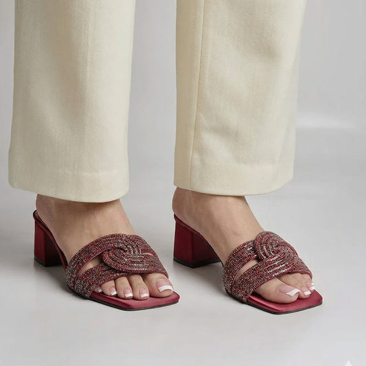 Humming Rhinestone Block Heel - Maroon