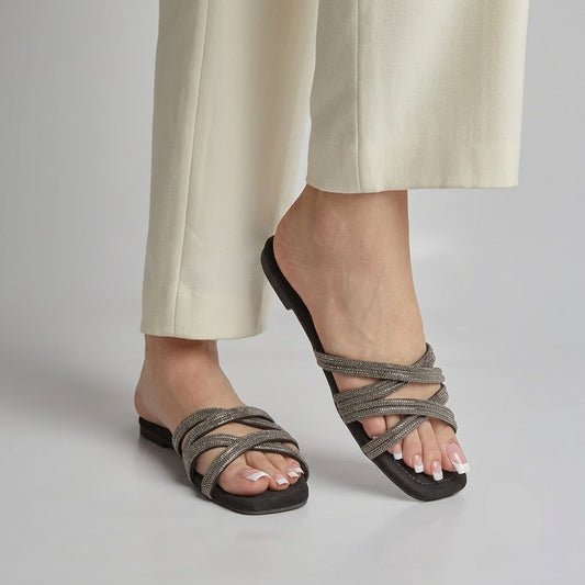Metallic Rhinestone Slides - Black