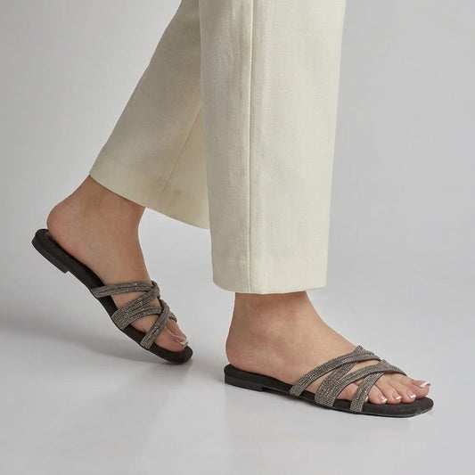 Metallic Rhinestone Slides - Black